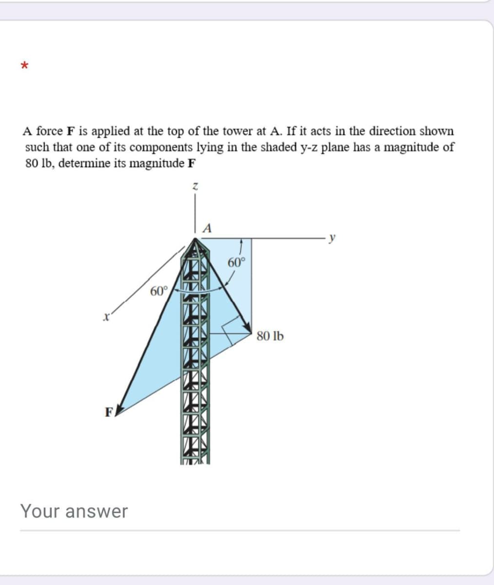 A force F is applied at the top of the tower at A. If it acts in the direction shown
such that one of its components lying in the shaded y-z plane has a magnitude of
80 lb, determine its magnitude F
y
60°
60°
80 lb
FA
Your answer
