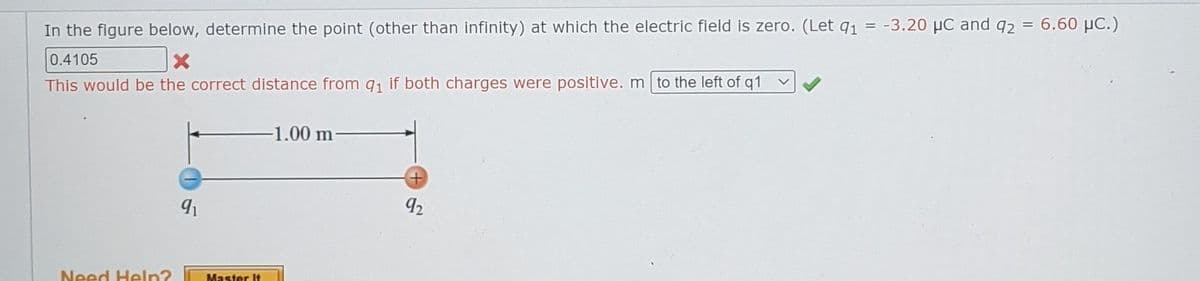 In the figure below, determine the point (other than infinity) at which the electric field is zero. (Let q1
= -3.20 µC and q2 = 6.60 µC.)
0.4105
This would be the correct distance from q1 if both charges were positive. m to the left of q1 v
-1.00 m
92
Need Heln?
Master It
