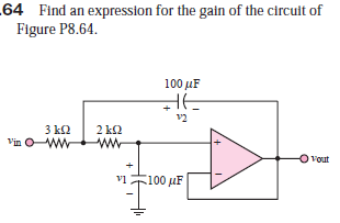 .64 Find an expression for the gain of the circuit of
Figure P8.64.
100 μF
v2
3 k2
Vin OWW
2 k2
Vout
vi
100 μF
