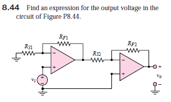 8.44 Find an expression for the output voltage in the
circuit of Figure P8.44.
RF1
RF1
Rs1
Rs2
vo
+)
