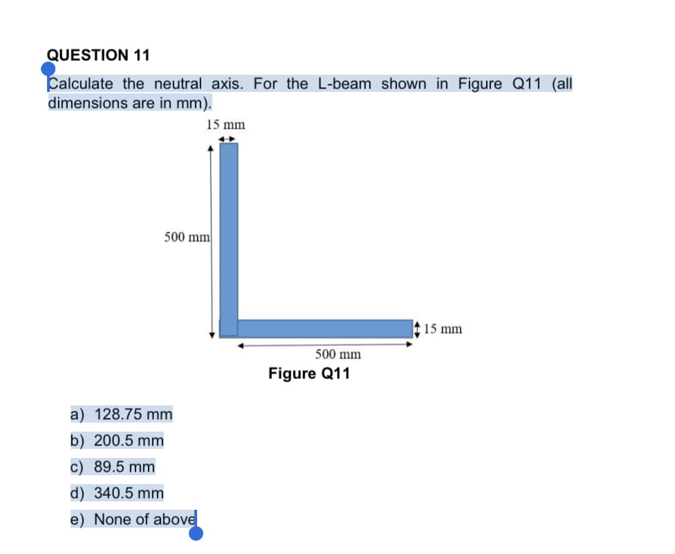 QUESTION 11
Calculate the neutral axis. For the L-beam shown in Figure Q11 (all
dimensions are in mm).
15 mm
500 mm|
15 mm
500 mm
Figure Q11
a) 128.75 mm
b) 200.5 mm
c) 89.5 mm
d) 340.5 mm
e) None of above
