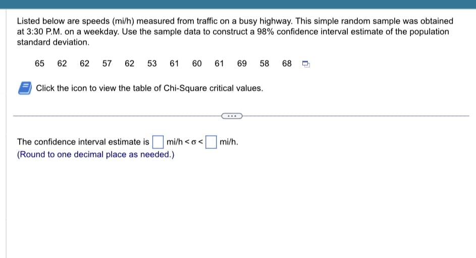 Listed below are speeds (mi/h) measured from traffic on a busy highway. This simple random sample was obtained
at 3:30 P.M. on a weekday. Use the sample data to construct a 98% confidence interval estimate of the population
standard deviation.
65 62 62 57 62 53 61 60 61 69 58 68
Click the icon to view the table of Chi-Square critical values.
The confidence interval estimate is
(Round to one decimal place as needed.)
mi/h <o< mi/h.