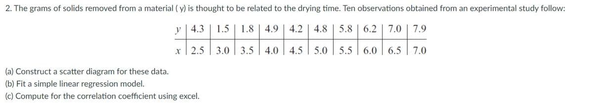 2. The grams of solids removed from a material ( y) is thought to be related to the drying time. Ten observations obtained from an experimental study follow:
y 4.3
1.5
1.8 | 4.9 | 4.2
4.8
5.8 | 6.2
7.0 | 7.9
2.5
3.0 3.5
4.0
4.5
5.0 5.5
6.0
6.5 | 7.0
(a) Construct a scatter diagram for these data.
(b) Fit a simple linear regression model.
(c) Compute for the correlation coefficient using excel.
