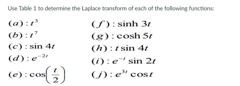 Use Table 1 to determine the Laplace transform of each of the following functions:
(a) :t³
(f ): sinh 3t
(g):cosh 5t
(h) :t sin 4t
(b):t’
(c): sin 4t
(d):e-2'
(e): cos
(i) : e¯' sin 2t
(j): e³' cost
3t
