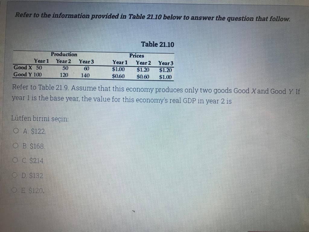 Refer to the information provided in Table 21.10 below to answer the question that follow.
Table 21.10
Production
Prices
Year 1
Year 2
50
Year 3
Year 1
Year 2
Year 3
Good X 50
Good Y 100
60
$1.00
$0.60
$1.20
$1.20
120
140
$0.60
$1.00
Refer to Table 21.9. Assume that this economy produces only two goods Good X and Good Y. If
year 1 is the base year, the value for this economy's real GDP in year 2 is
Lütfen birini seçin.
O A $122.
O B. $168.
OC $214.
OD $132
OE $120.
