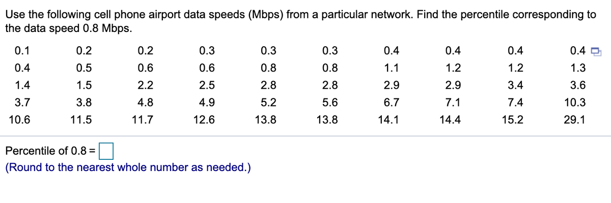 Use the following cell phone airport data speeds (Mbps) from a particular network. Find the percentile corresponding to
the data speed 0.8 Mbps.
0.1
0.2
0.2
0.3
0.3
0.3
0.4
0.4
0.4
0.4 O
0.4
0.5
0.6
0.6
0.8
0.8
1.1
1.2
1.2
1.3
1.4
1.5
2.2
2.5
2.8
2.8
2.9
2.9
3.4
3.6
3.7
3.8
4.8
4.9
5.2
5.6
6.7
7.1
7.4
10.3
10.6
11.5
11.7
12.6
13.8
13.8
14.1
14.4
15.2
29.1
Percentile of 0.8 =
(Round to the nearest whole number as needed.)
