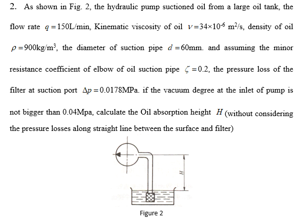 2. As shown in Fig. 2, the hydraulic pump suctioned oil from a large oil tank, the
flow rate q =150L/min, Kinematic viscosity of oil v=34x106 m/s, density of oil
p=900kg/m³, the diameter of suction pipe d=60mm. and assuming the minor
resistance coefficient of elbow of oil suction pipe =0.2, the pressure loss of the
filter at suction port Ap = 0.0178MP.. if the vacuum degree at the inlet of pump is
not bigger than 0.04Mpa, calculate the Oil absorption height H (without considering
the pressure losses along straight line between the surface and filter)
Figure 2

