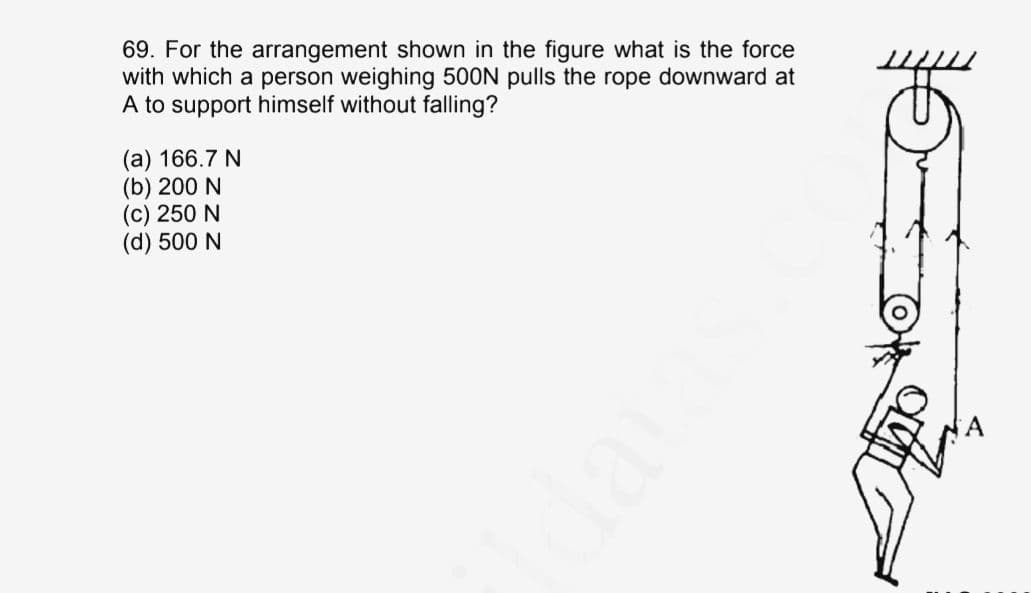 69. For the arrangement shown in the figure what is the force
with which a person weighing 500N pulls the rope downward at
A to support himself without falling?
(a) 166.7 N
(b) 200 N
(c) 250 N
(d) 500 N
