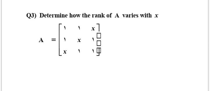 Q3) Determine how the rank of A varies with x
A
II
