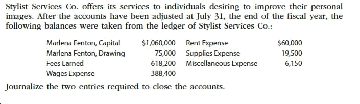 Stylist Services Co. offers its services to individuals desiring to improve their personal
images. After the accounts have been adjusted at July 31, the end of the fiscal year, the
following balances were taken from the ledger of Stylist Services Co.:
Marlena Fenton, Capital
Marlena Fenton, Drawing
$1,060,000 Rent Expense
75,000 Supplies Expense
618,200 Miscellaneous Expense
$60,000
19,500
Fees Earned
6,150
Wages Expense
388,400
Journalize the two entries required to close the accounts.
