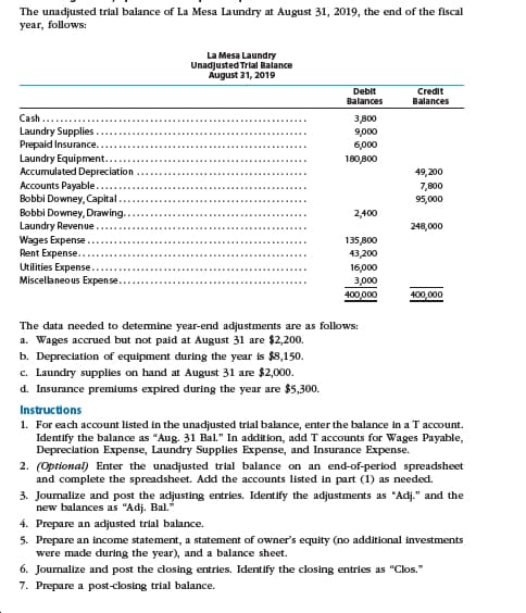 The unadjusted trial balance of La Mesa Laundry at August 31, 2019, the end of the fiscal
year, follows:
La Mesa Laundry
Unadjusted Trial Balance
August 31, 2019
Debit
Balances
Credit
Balances
Cash....
Laundry Supplies
Prepaid Insurance.
Laundry Equipment..
Accumulated Depreciation
Accounts Payable..
Bobbi Downey, Capital.
Bobbi Downey, Drawing.
Laundry Revenue
3в00
9,000
6,000
180,800
49,200
7,800
95,000
2,400
248,000
Wages Expense...
Rent Expense..
Utilities Expense...
Miscellaneous Expense...
135,800
43,200
16,000
з000
400,000
400,000
The data needed to detemine year-end adjustments are as follows:
a. Wages accrued but not paid at August 31 are $2,200.
b. Depreciation of equipment during the year is $8,150.
c. Laundry supplies on hand at August 31 are $2,000.
d. Insurance premiums expired during the year are $5,300.
Instructions
1. For each account listed in the unadjusted trial balance, enter the balance in a T account.
Identify the balance as "Aug. 31 Bal." In addition, add T accounts for Wages Payable,
Depreciation Expense, Laundry Supplies Expense, and Insurance Expense.
2. (Optional) Enter the unadjusted trial balance on an end-of-period spreadsheet
and complete the spreadsheet. Add the accounts listed in part (1) as needed.
3. Journalize and post the adjusting entries. Identify the adjustments as "Adj." and the
new balances as "Adj. Bal."
4. Prepare an adjusted trial balance.
5. Prepare an income statement, a statement of owner's equity (no additional investments
were made during the year), and a balance sheet.
6. Journalize and post the closing entries. Identify the closing entries as "Clos."
7. Prepare a post-closing trial balance.
