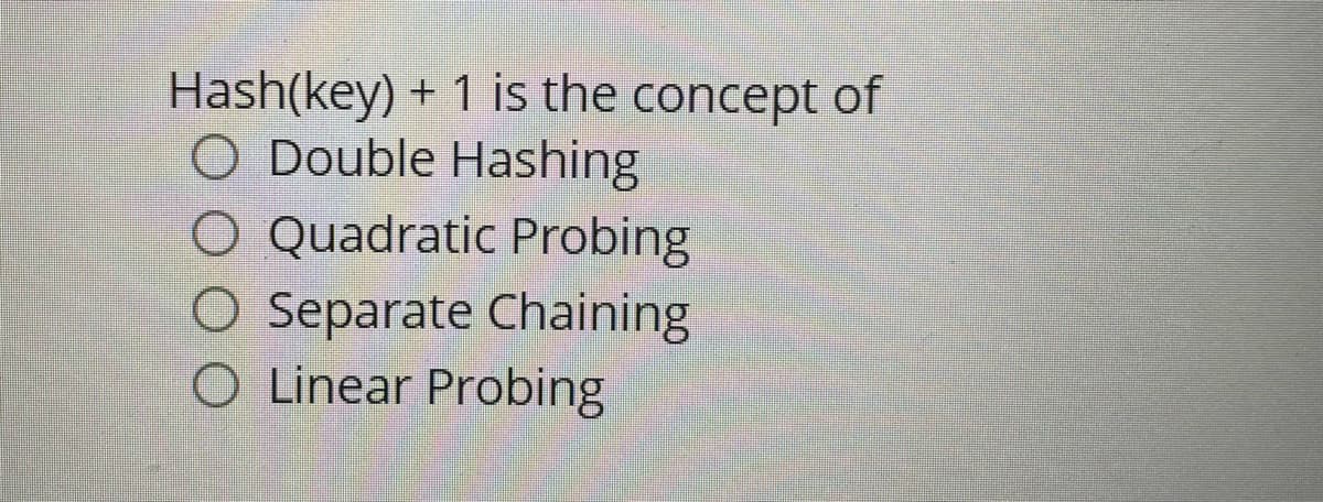 Hash(key) + 1 is the concept of
O Double Hashing
O Quadratic Probing
O Separate Chaining
O Linear Probing