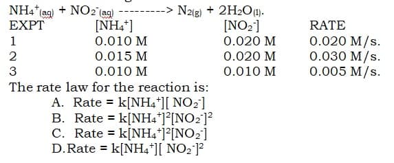 NH4* ag) + NO2 (ag)
[NH,*]
---> N2(g) + 2H2O).
[NO2]
ΕΧPT
RATE
0.020 M/s.
0.030 M/s.
0.005 M/s.
1
0.010 M
0.020 M
0.020 M
0.010 M
2
0.015 M
3
0.010 M
The rate law for the reaction is:
A. Rate = k[NH4*][ NO2]
B. Rate = k[NH4*]°[NO2]?
C. Rate = k[NH4*]°[NO2]
D.Rate = k[NH4*][ NO2]?

