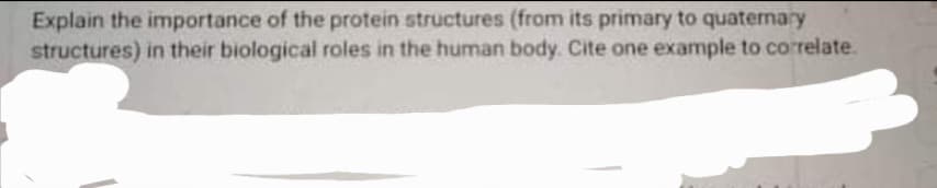 Explain the importance of the protein structures (from its primary to quaternary
structures) in their biological roles in the human body. Cite one example to correlate.
