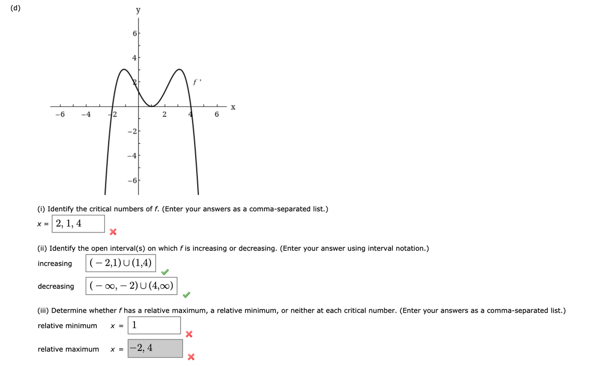 (d)
y
6
4
X
-6
-4
2
-2
-4
-6
(i) Identify the critical numbers of f. (Enter your answers as a comma-separated list.)
X =
2, 1, 4
(ii) Identify the open interval(s) on which f is increasing or decreasing. (Enter your answer using interval notation.)
increasing
(– 2,1)U (1,4)
decreasing
(- 00, – 2) U (4,00)
(iii) Determine whether f has a relative maximum, a relative minimum, or neither at each critical number. (Enter your answers as a comma-separated list.)
relative minimum
X =
1
-2, 4
relative maximum
X =
