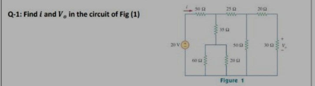 Q-1: Find i and V, in the circuit of Fig (1)
50 2
ww
25 2
ww.
202
ww
35 12
20 V
502
302
602
20 2
Figure 1

