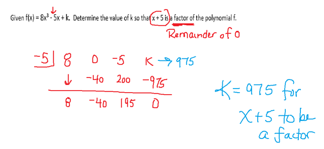 ↓
Given f(x) = 8x³-5x + k. Determine the value of k so that x+5 is a factor of the polynomial f.
Remainder of o
-51 8
0 -5
↓-40 200 -975
8 -40 195 0
K→ 975
K= 975 for
x+5 to be
a factor