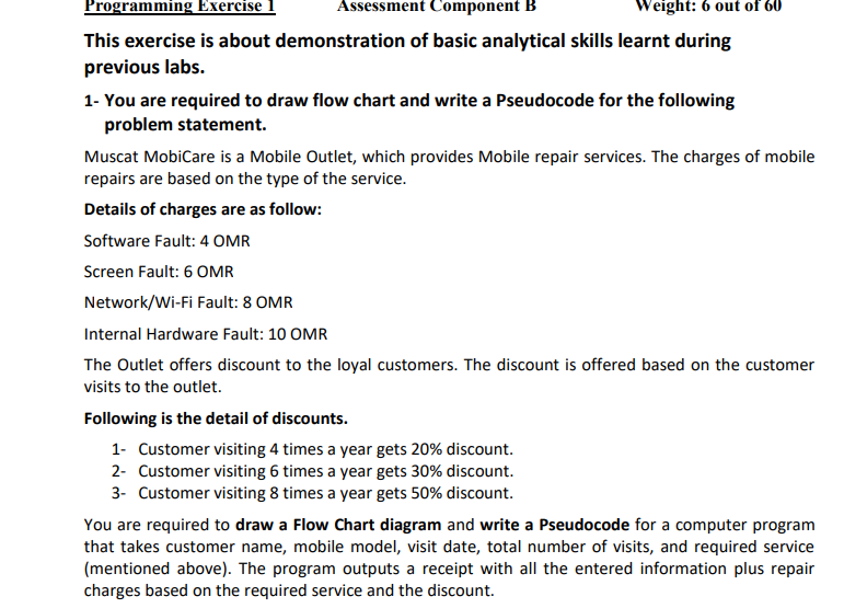 Programming Exercise 1
Assessment Component B
Weight: 6 out of 60
This exercise is about demonstration of basic analytical skills learnt during
previous labs.
1- You are required to draw flow chart and write a Pseudocode for the following
problem statement.
Muscat MobiCare is a Mobile Outlet, which provides Mobile repair services. The charges of mobile
repairs are based on the type of the service.
Details of charges are as follow:
Software Fault: 4 OMR
Screen Fault: 6 OMR
Network/Wi-Fi Fault: 8 OMR
Internal Hardware Fault: 10 OMR
The Outlet offers discount to the loyal customers. The discount is offered based on the customer
visits to the outlet.
Following is the detail of discounts.
1- Customer visiting 4 times a year gets 20% discount.
2- Customer visiting 6 times a year gets 30% discount.
3- Customer visiting 8 times a year gets 50% discount.
You are required to draw a Flow Chart diagram and write a Pseudocode for a computer program
that takes customer name, mobile model, visit date, total number of visits, and required service
(mentioned above). The program outputs a receipt with all the entered information plus repair
charges based on the required service and the discount.
