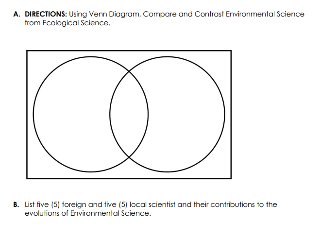 A. DIRECTIONS: Using Venn Diagram, Compare and Contrast Environmental Science
from Ecological Science.
B. List five (5) foreign and five (5) local scientist and their contributions to the
evolutions of Environmental Science.
