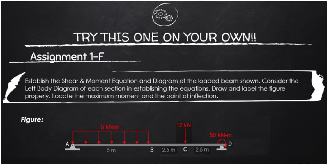 TRY THIS ONE ON YOUR OWN!!
Assignment 1-F
Establish the Shear & Moment Equation and Diagram of the loaded beam shown. Consider the
Left Body Diagram of each section in establishing the equations. Draw and label the figure
properly. Locate the maximum moment and the point of inflection.
Figure:
5 kN/m
5m
B 2.5 m
12 kN
C
2.5 m
50 kN-m
D