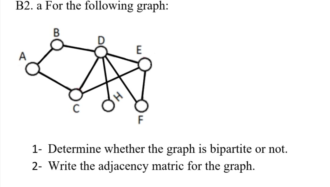 B2. a For the following graph:
B
E
F
1- Determine whether the graph is bipartite or not.
2- Write the adjacency matric for the graph.
