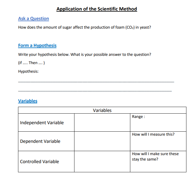Application of the Scientific Method
Ask a Question
How does the amount of sugar affect the production of foam (CO₂) in yeast?
Form a Hypothesis
Write your hypothesis below. What is your possible answer to the question?
(if ..... Then....)
Hypothesis:
Variables
Independent Variable
Dependent Variable
Controlled Variable
Variables
Range:
How will I measure this?
How will I make sure these
stay the same?