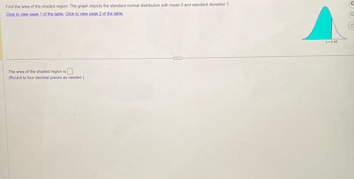 Find the area of the shaded region. The graph depicts the standard normal distribution with mean 0 and standard deviation 1.
Click to view page 1 of the table. Click to view page 2 of the table.
The area of the shaded region is
(Round to four decimal places as needed.)
z = 0.95
O