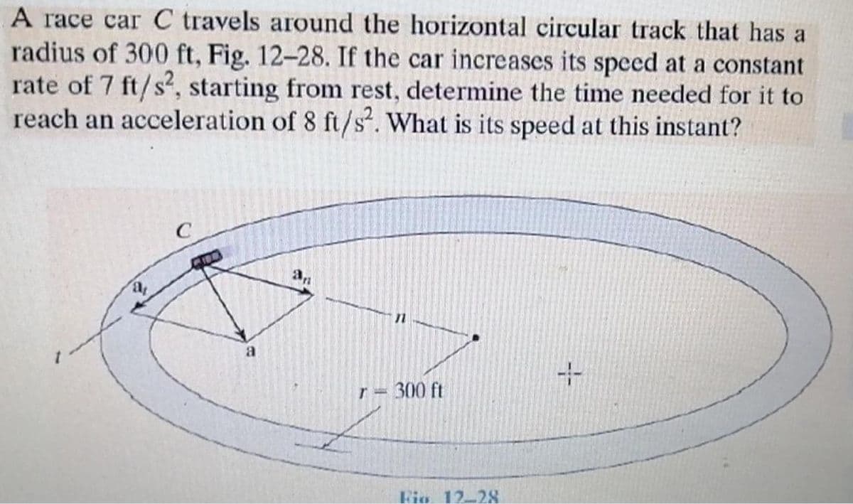 A race car C travels around the horizontal circular track that has a
radius of 300 ft, Fig. 12–28. If the car increases its speed at a constant
rate of 7 ft/s, starting from rest, determine the time needed for it to
reach an acceleration of 8 ft/s². What is its speed at this instant?
an
a
r = 300 ft
Fin 12-28
