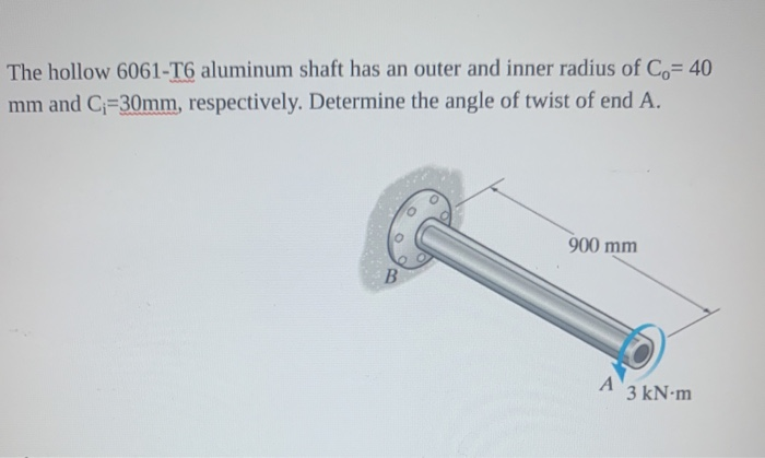 The hollow 6061-T6 aluminum shaft has an outer and inner radius of Co= 40
mm and C-30mm, respectively. Determine the angle of twist of end A.
900 mm
3 kN-m

