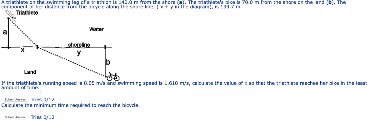 A triathlete on the swimming leg of a triathlon is 140.0 m from the shore (a). The triathlete's bike is 70.0 m from the shore on the land (b). The
component of her distance from the bicycle along the shore line, ( x + y in the diagram), is 199.7 m.
Triathlete
Water
shoreline
y
Land
If the triathlete's running speed is 8.05 m/s and swimming speed is 1.610 m/s, calculate the value of x so that the triathlete reaches her bike in the least
amount of time.
Submit Answer
Tries 0/12
Calculate the minimum time required to reach the bicycle.
Submit Answer
Tries 0/12
