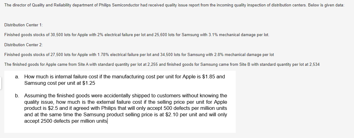 The director of Quality and Reliability department of Philips Semiconductor had received quality issue report from the incoming quality inspection of distribution centers. Below is given data:
Distribution Center 1:
Finished goods stocks of 30,500 lots for Apple with 2% electrical failure per lot and 25,600 lots for Samsung with 3.1% mechanical damage per lot.
Distribution Center 2:
Finished goods stocks of 27,500 lots for Apple with 1.78% electrical failure per lot and 34,500 lots for Samsung with 2.8% mechanical damage per lot
The finished goods for Apple came from Site A with standard quantity per lot at 2,255 and finished goods for Samsung came from Site B with standard quantity per lot at 2,534
How much is internal failure cost if the manufacturing cost per unit for Apple is $1.85 and
Samsung cost per unit at $1.25
a.
b. Assuming the finished goods were accidentally shipped to customers without knowing the
quality issue, how much is the external failure cost if the selling price per unit for Apple
product is $2.5 and it agreed with Philips that will only accept 500 defects per million units
and at the same time the Samsung product selling price is at $2.10 per unit and will only
accept 2500 defects per million units
