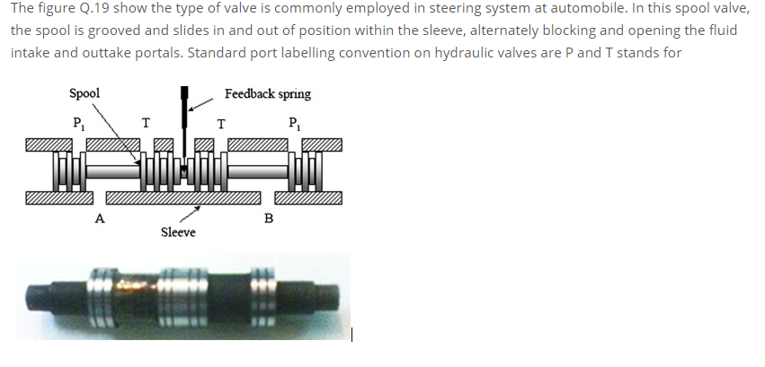 The figure Q.19 show the type of valve is commonly employed in steering system at automobile. In this spool valve,
the spool is grooved and slides in and out of position within the sleeve, alternately blocking and opening the fluid
intake and outtake portals. Standard port labelling convention on hydraulic valves are P and T stands for
Spool
Feedback spring
P,
T
T
P,
A
B
Sleeve
