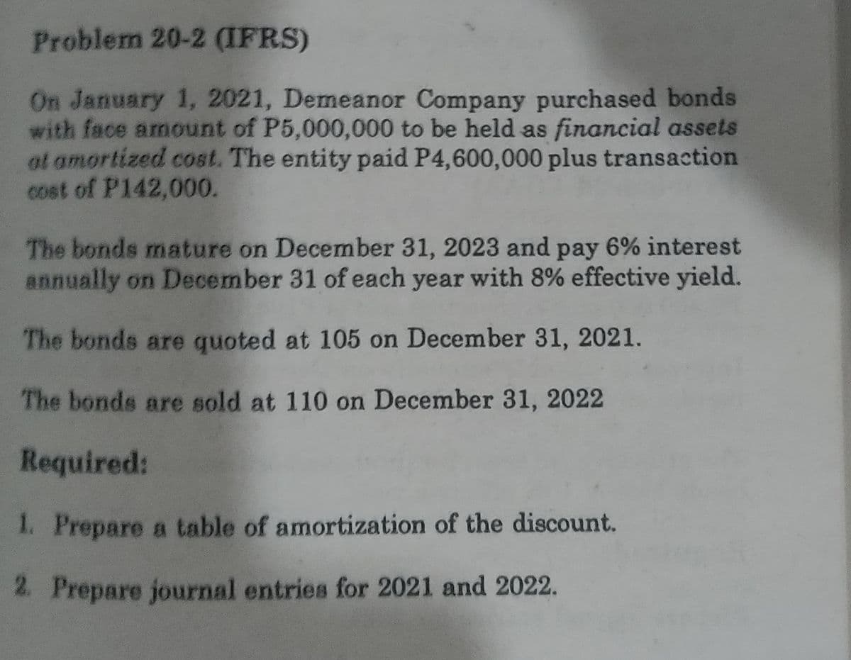 Problem 20-2 (IFRS)
On January 1, 2021, Demeanor Company purchased bonds
with face amount of P5,000,000 to be held as financial assets
ot amortized cost. The entity paid P4,600,000 plus transaction
cost of P142,000.
The bonds mature on December 31, 2023 and pay 6% interest
annually on December 31 of each year with 8% effective yield.
The bonds are quoted at 105 on December 31, 2021.
The bonds are sold at 110 on December 31, 2022
Required:
1. Prepare a table of amortization of the discount.
2. Prepare journal entries for 2021 and 2022.
