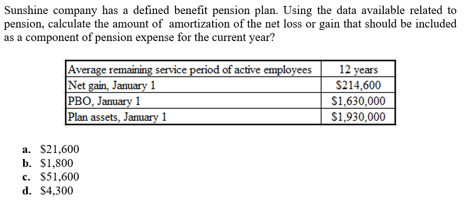 Sunshine company has a defined benefit pension plan. Using the data available related to
pension, calculate the amount of amortization of the net loss or gain that should be included
as a component of pension expense for the current year?
Average remaining service period of active employees
Net gain, January 1
PBO, January 1
Plan assets, January 1
12 years
$214,600
$1,630,000
S1,930,000
a. $21,600
b. $1,800
c. $51,600
d. $4,300
