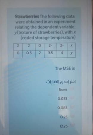 Strawberrles The following data
were obtained in an experiment
relating the dependent variable,
y (texture of strawberries), with x
(coded storage temperature)
2
2-
2-
0.5
2.
3.5
y
The MSE is
اختر إحدى الخيارات
None
0.033
0.083
0.25
12.25
4,
2.
