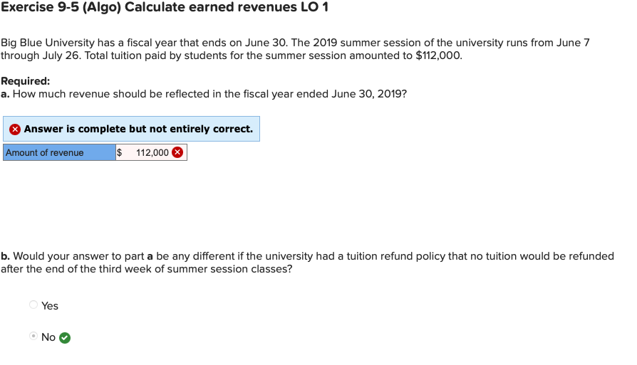 Exercise 9-5 (Algo) Calculate earned revenues LO 1
Big Blue University has a fiscal year that ends on June 30. The 2019 summer session of the university runs from June 7
through July 26. Total tuition paid by students for the summer session amounted to $112,000.
Required:
a. How much revenue should be reflected in the fiscal year ended June 30, 2019?
Answer is complete but not entirely correct.
Amount of revenue
$ 112,000 8
b. Would your answer to part a be any different if the university had a tuition refund policy that no tuition would be refunded
after the end of the third week of summer session classes?
O Yes
No
