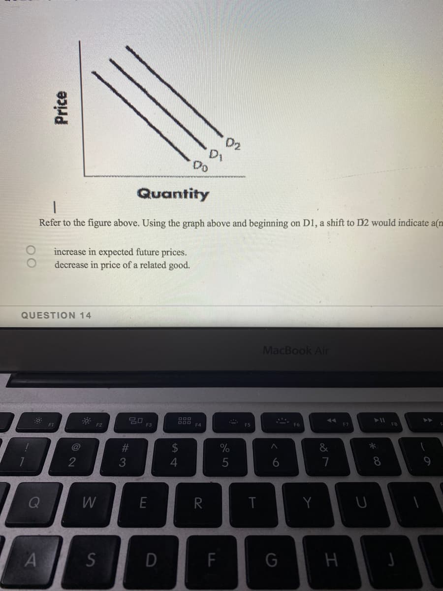 899
Quantity
D2
Refer to the figure above. Using the graph above and beginning on D1, a shift to D2 would indicate a(n
increase in expected future prices.
decrease in price of a related good.
QUESTION 14
MacBook Air
20
F3
F1
F2
F4
@
%23
24
&
2
3
6
8
Q
E
R
Y
S
D
F
G
Price
