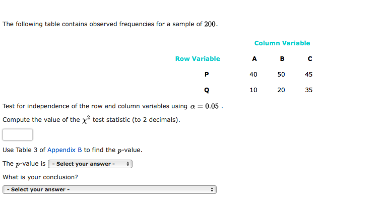 The following table contains observed frequencies for a sample of 200.
Column Variable
Row Variable
A
в
P
40
50
45
10
20
35
Test for independence of the row and column variables using a = 0.05 .
Compute the value of the x? test statistic (to 2 decimals).
Use Table 3 of Appendix B to find the p-value.
The p-value is - Select your answer -
What is your conclusion?
- Select your answer -
