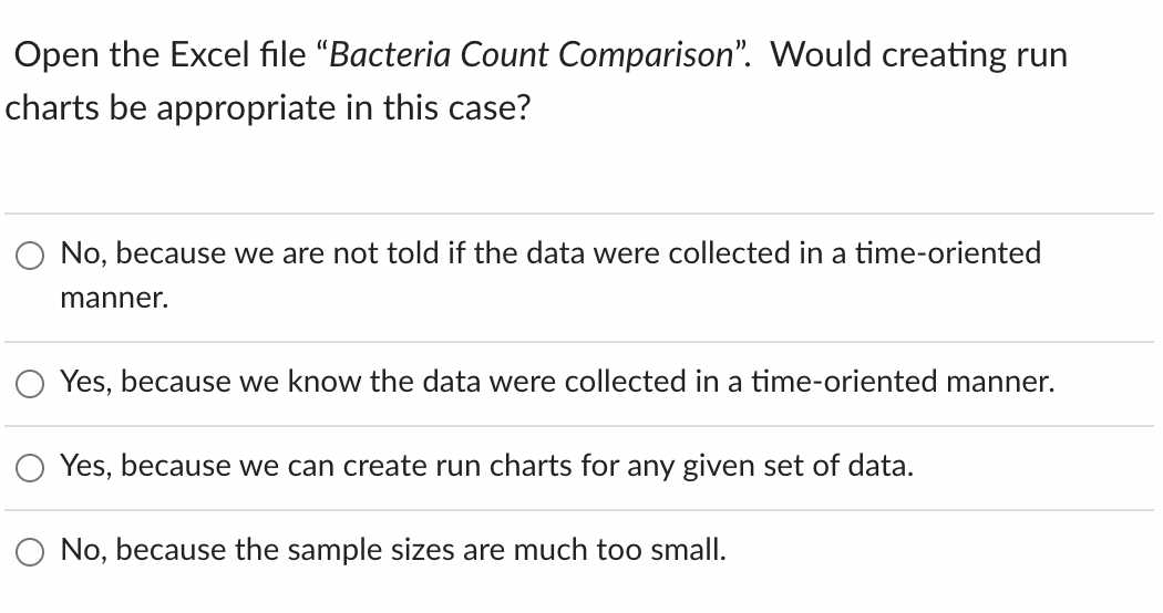 Open the Excel file "Bacteria Count Comparison". Would creating run
charts be appropriate in this case?
O No, because we are not told if the data were collected in a time-oriented
manner.
Yes, because we know the data were collected in a time-oriented manner.
Yes, because we can create run charts for any given set of data.
O No, because the sample sizes are much too small.
