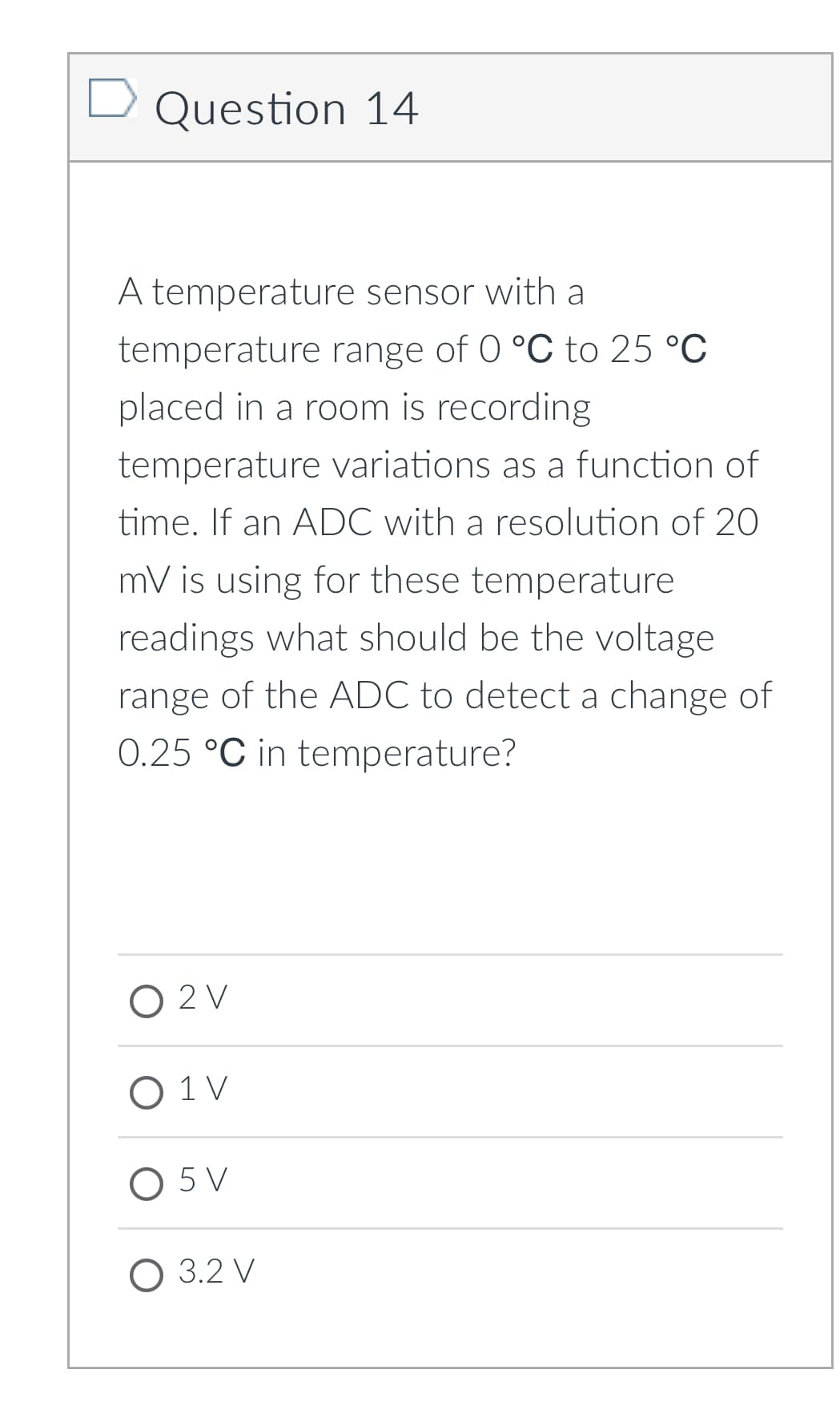 Question 14
A temperature sensor with a
temperature range of 0 °C to 25 °C
placed in a room is recording
temperature variations as a function of
time. If an ADC with a resolution of 20
mV is using for these temperature
readings what should be the voltage
range of the ADC to detect a change of
0.25 °C in temperature?
O 2 V
O 1 V
O 5 V
О 3.2 V
