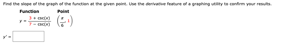 Find the slope of the graph of the function at the given point. Use the derivative feature of a graphing utility to confirm your results.
Function
Point
3 + csc(x)
y =
7 - csc(x)
y' =
