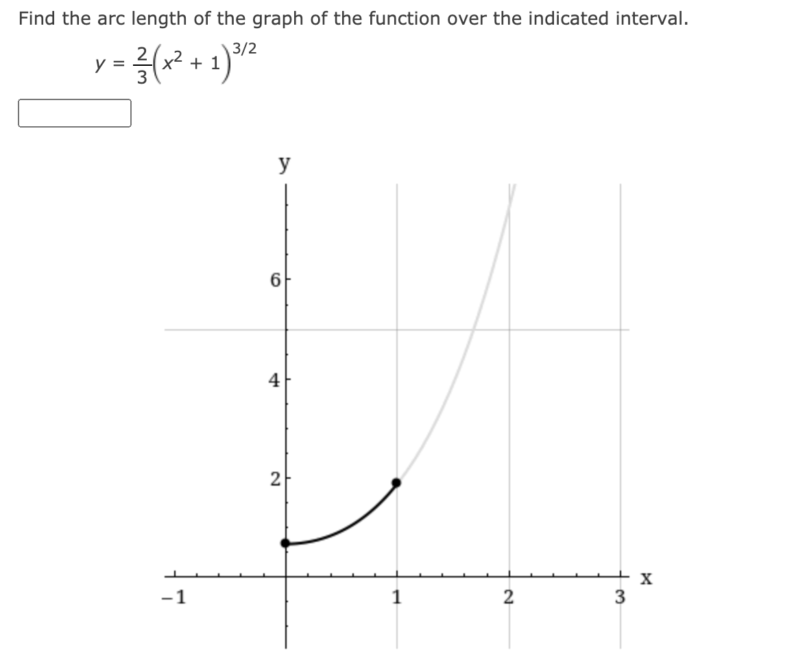 Find the arc length of the graph of the function over the indicated interval.
3/2
x2 + 1
3
y =
y
6
4
2
X
-1
3
