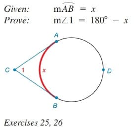 Given:
mAB = x
Prove:
mz1 =
180° - x
A
D
Exercises 25, 26
