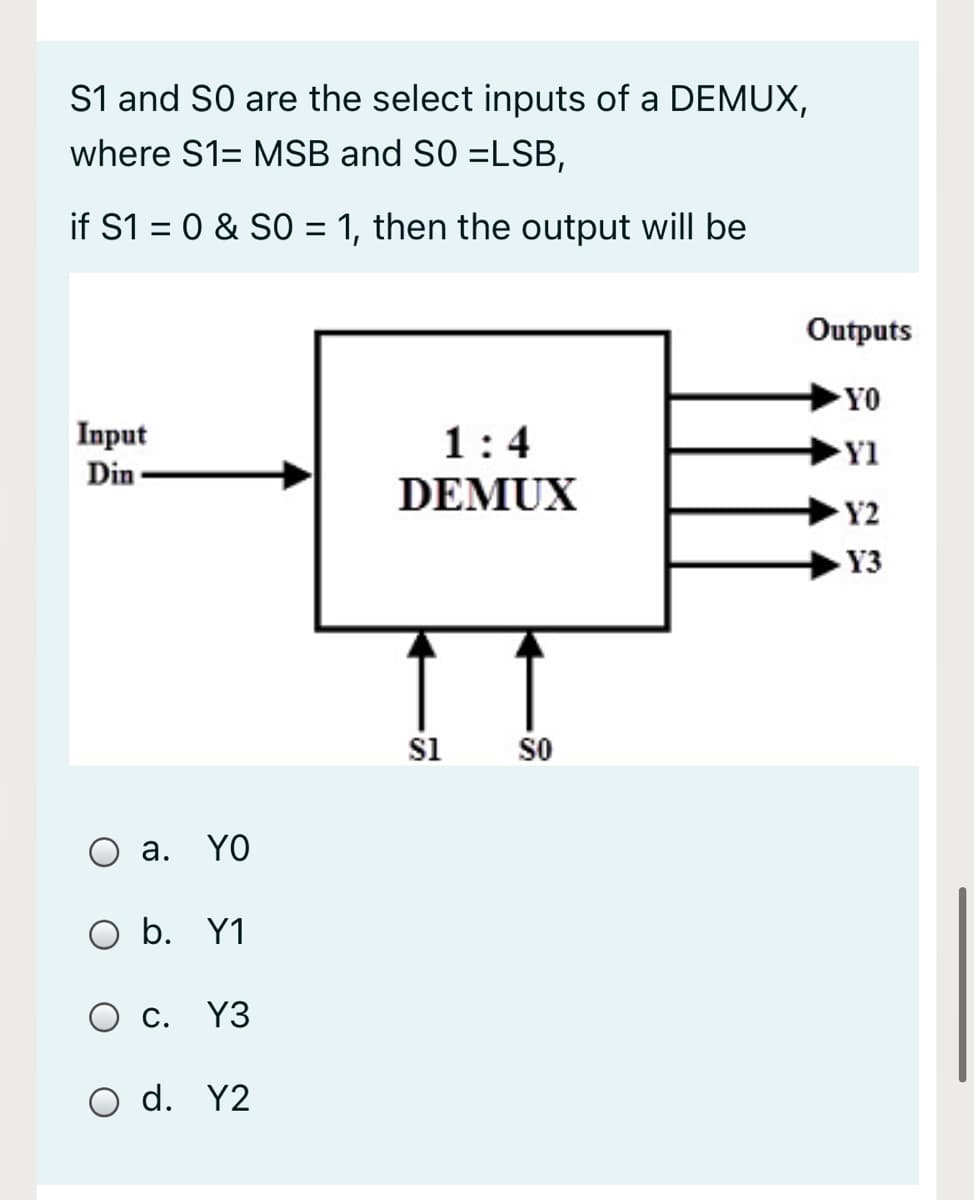 S1 and S0 are the select inputs of a DEMUX,
where S1= MSB and S0 =LSB,
if S1 = 0 & SO = 1, then the output will be
Outputs
YO
Input
Din
1:4
Y1
DEMUX
Y2
Y3
si
so
а.
YO
O b. Y1
С.
Y3
d. Y2
