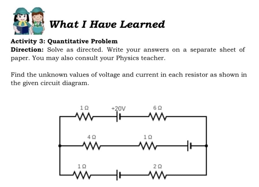 What I Have Learned
Activity 3: Quantitative Problem
Direction: Solve as directed. Write your answers on a separate sheet of
paper. You may also consult your Physics teacher.
Find the unknown values of voltage and current in each resistor as shown in
the given circuit diagram.
12
+20V
6902
HH
1Ω
492
HH
Hr
12
202
www