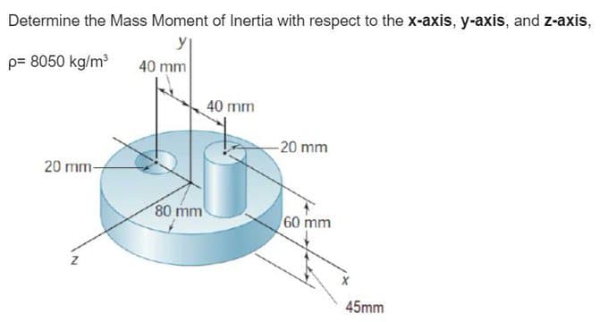 Determine the Mass Moment of Inertia with respect to the x-axis, y-axis, and z-axis,
p= 8050 kg/m³ 40 mm
20 mm-
80 mm
40 mm
-20 mm
60 mm
45mm