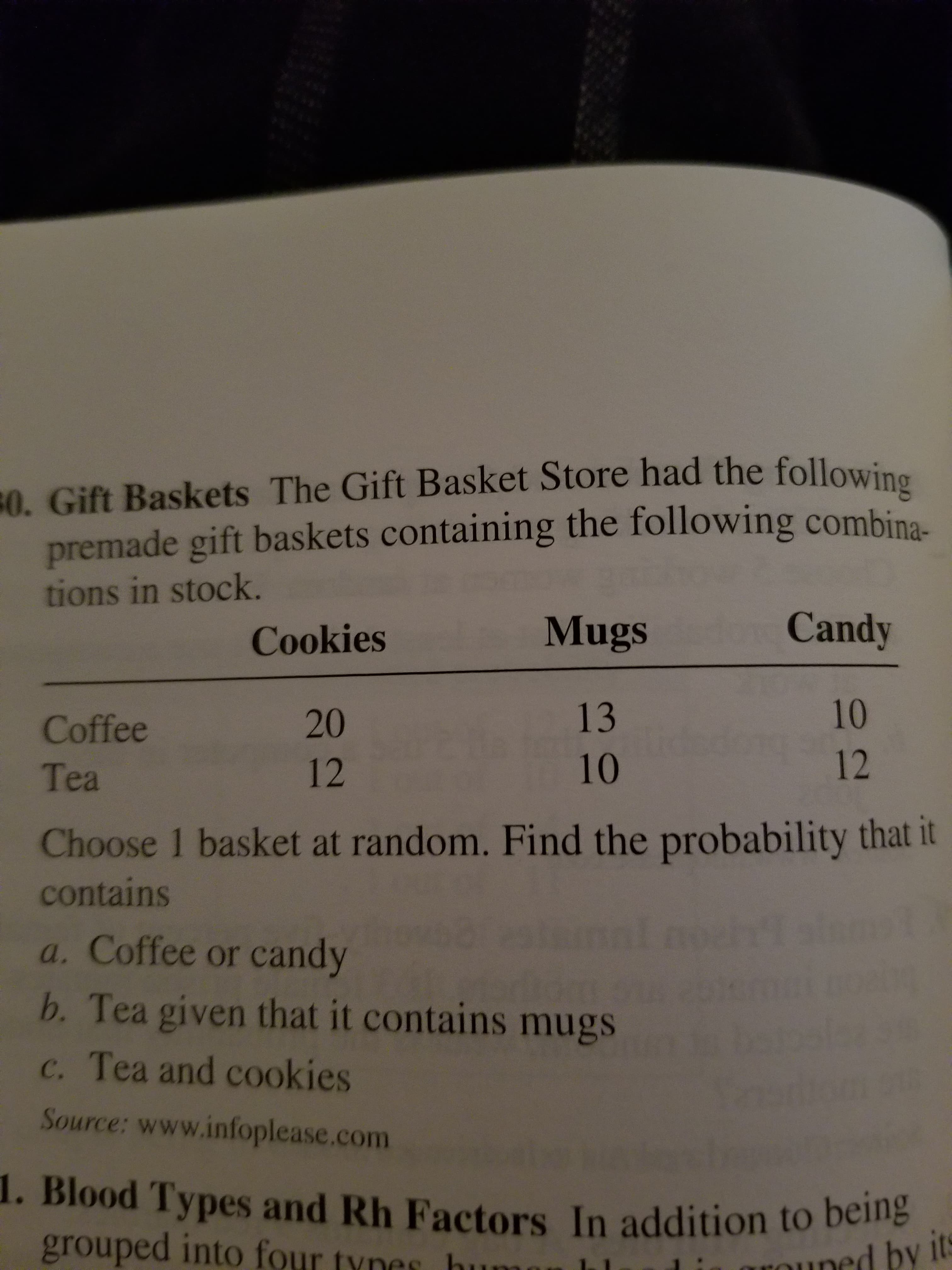 0. Gift Baskets The Gift Basket Store had the following
premade gift baskets containing the following combina-
tions in stock.
Candy
Mugs
Cookies
10
13
20
Coffee
12
10
12
Tea
Choose 1 basket at random. Find the probability that it
contains
a. Coffee or candy
b. Tea given that it contains mugs
c. Tea and cookies
Source: www.infoplease.com
1. Blood Types and Rh Factors In addition to being
grouped into four tynes hum
uned by its
