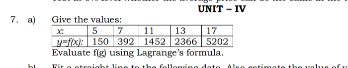 UNIT - IV
7. a)
Give the values:
х:
5 7
11
13
17
y=f(x): 150 | 392 | 1452 | 2366
5202
Evaluate f(g) using Lagrange's formula.
Dit o stroight line to the followring doto
Alse estimote the rolue of v
