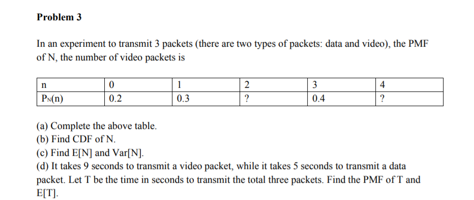 Problem 3
In an experiment to transmit 3 packets (there are two types of packets: data and video), the PMF
of N, the number of video packets is
3
4
PN(n)
0.2
0.3
0.4
(a) Complete the above table.
(b) Find CDF of N.
(c) Find E[N] and Var[N].
(d) It takes 9 seconds to transmit a video packet, while it takes 5 seconds to transmit a data
packet. Let T be the time in seconds to transmit the total three packets. Find the PMF of T and
E[T].
