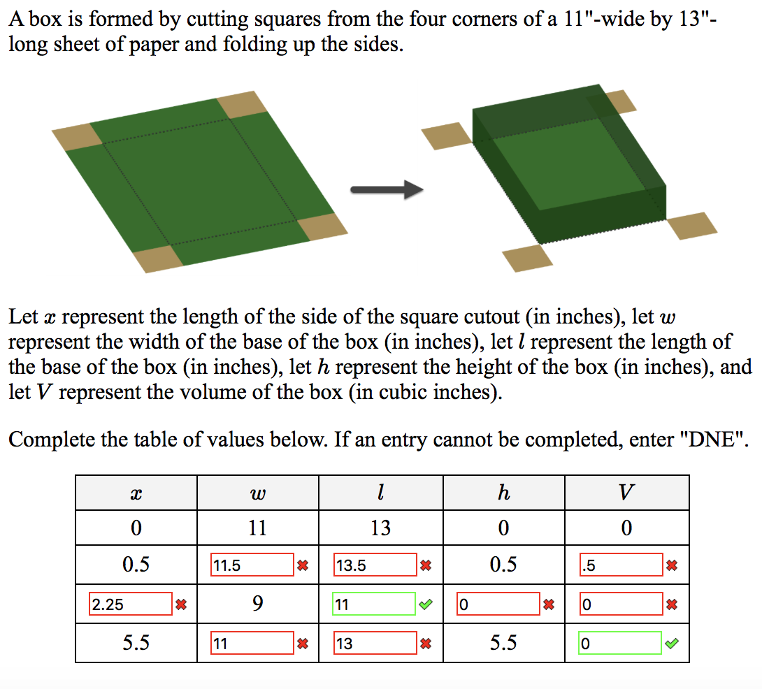 A box is formed by cutting squares from the four corners of a 11"-wide by 13"-
long sheet of paper and folding up the sides.
Let x represent the length of the side of the square cutout (in inches), let w
represent the width of the base of the box (in inches), let l represent the length of
the base of the box (in inches), let h represent the height of the box (in inches), and
let V represent the volume of the box (in cubic inches).
Complete the table of values below. If an entry cannot be completed, enter "DNE".
h
V
11
13
0.5
11.5
13.5
0.5
.5
2.25
11
5.5
11
13
5.5
